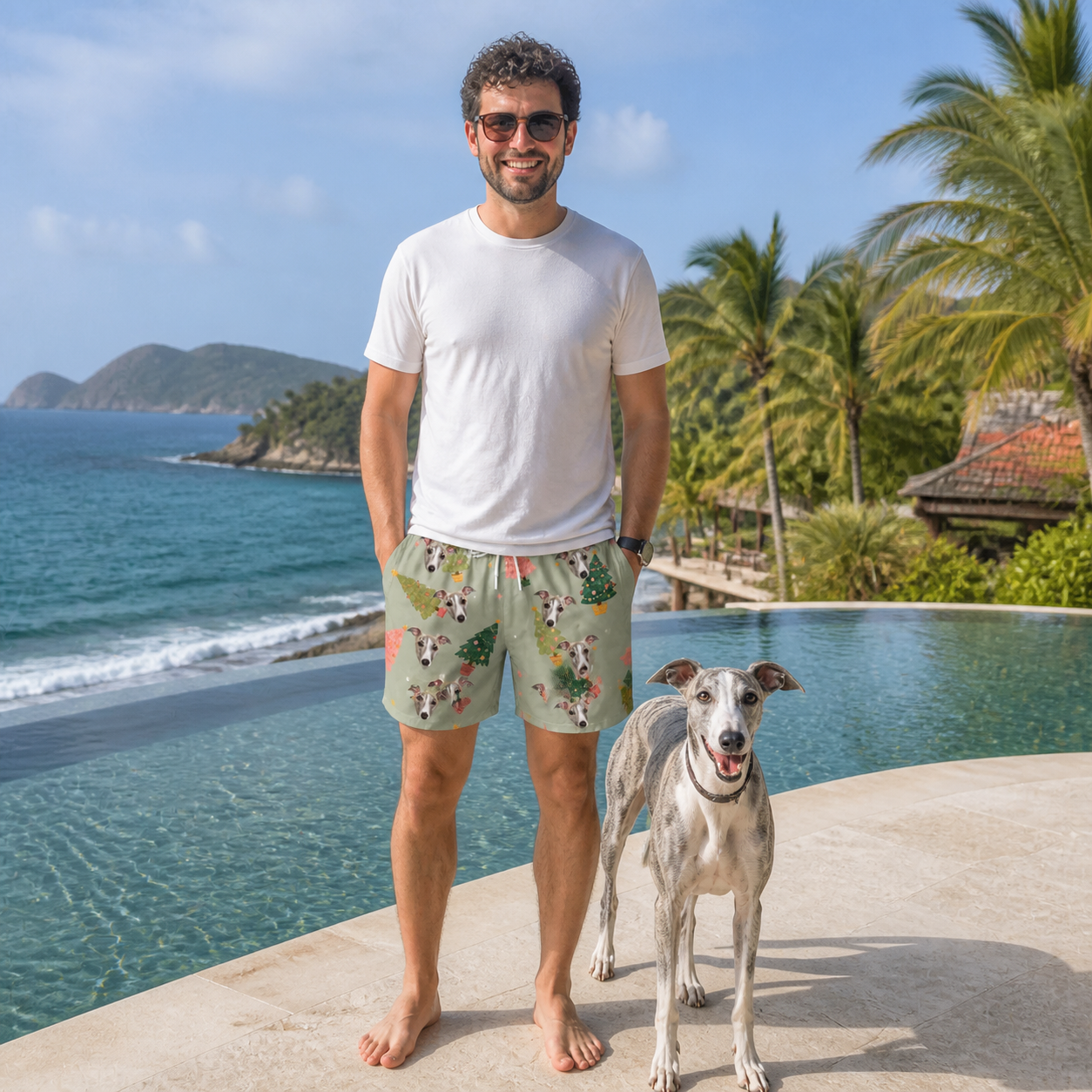 Full-length photo with the pet printed all over this Men's Trimmed Tannenbaums Custom Dog Face Beach Shorts