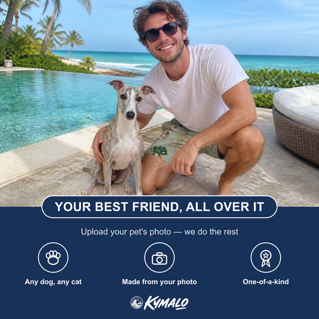 Friends in matching Men's Trimmed Tannenbaums Custom Dog Face Beach Shorts — a group gift photo