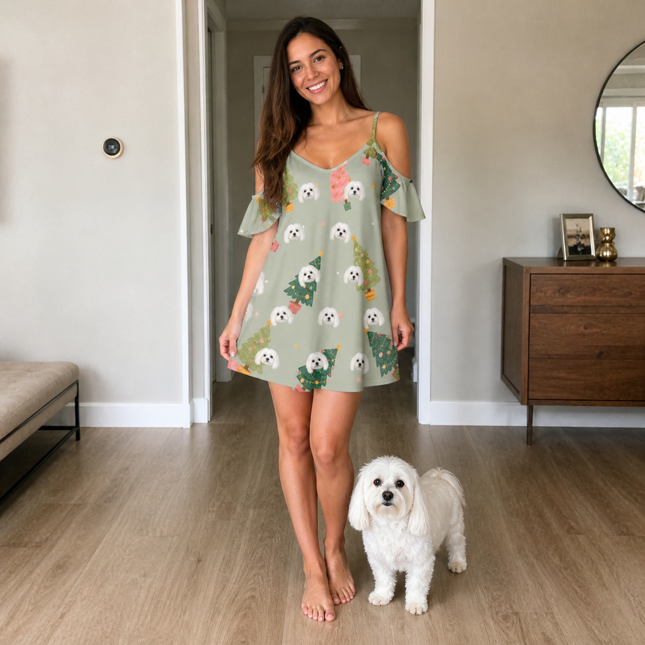 Full-length photo with the pet printed all over this Women's Trimmed Tannenbaums Custom Dog Face Off-Shoulder Dress