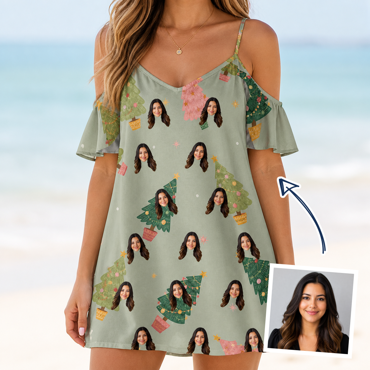 Woman wearing Women's Trimmed Tannenbaums Custom Face Off-Shoulder Dress — custom faces printed all-over