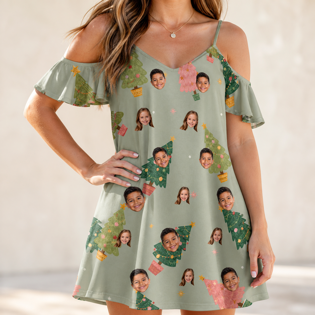 Model wearing Women's Trimmed Tannenbaums Custom Face Off-Shoulder Dress printed with kids' faces