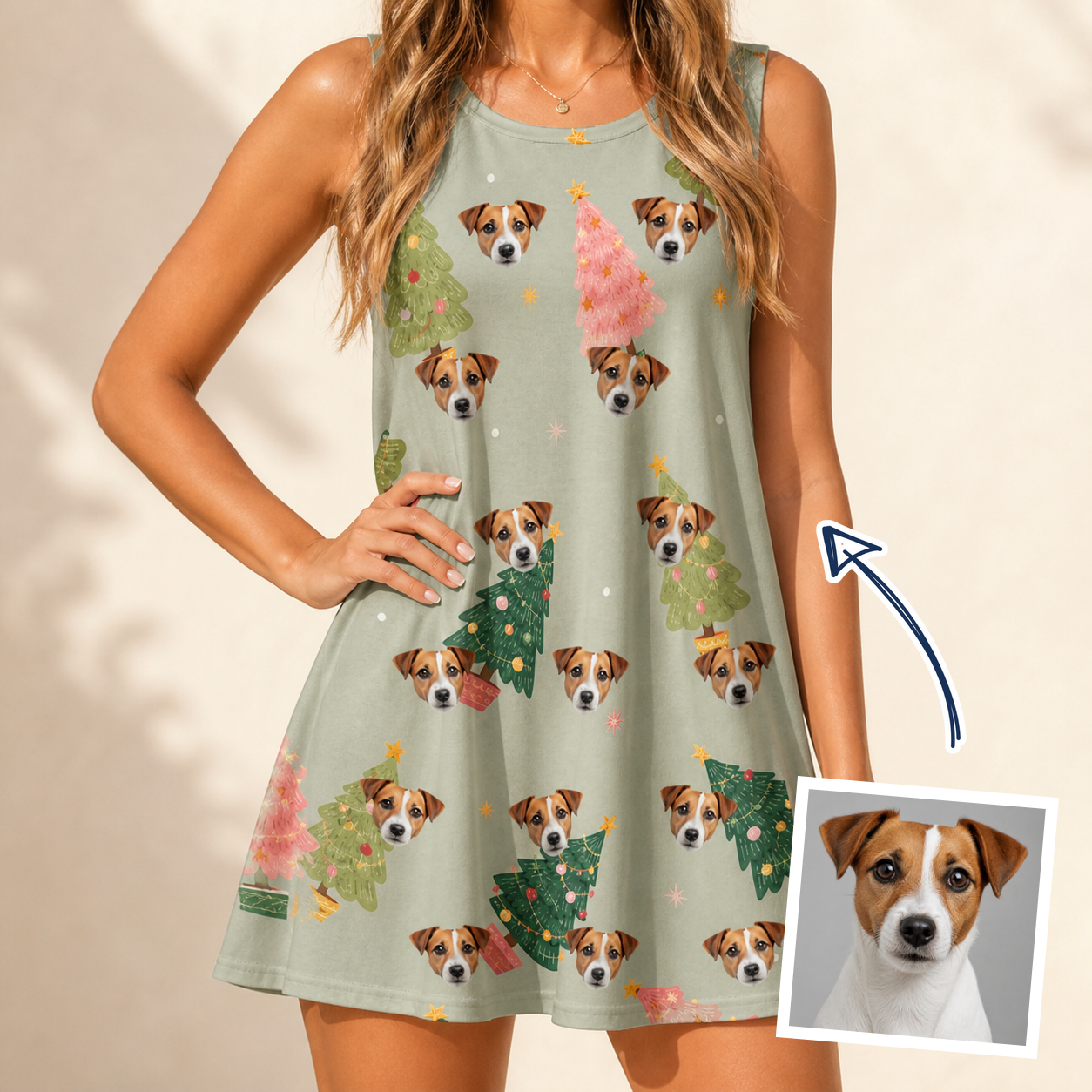 Woman wearing Women's Trimmed Tannenbaums Custom Dog Face Tank Dress — custom faces printed all-over