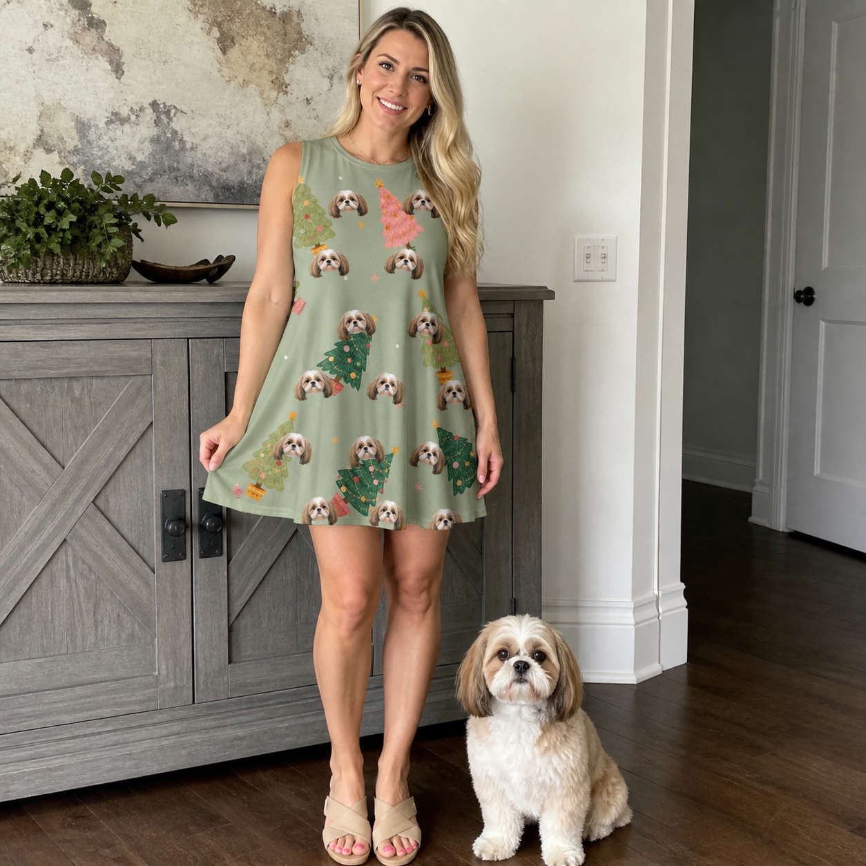 Full-length photo with the pet printed all over this Women's Trimmed Tannenbaums Custom Dog Face Tank Dress