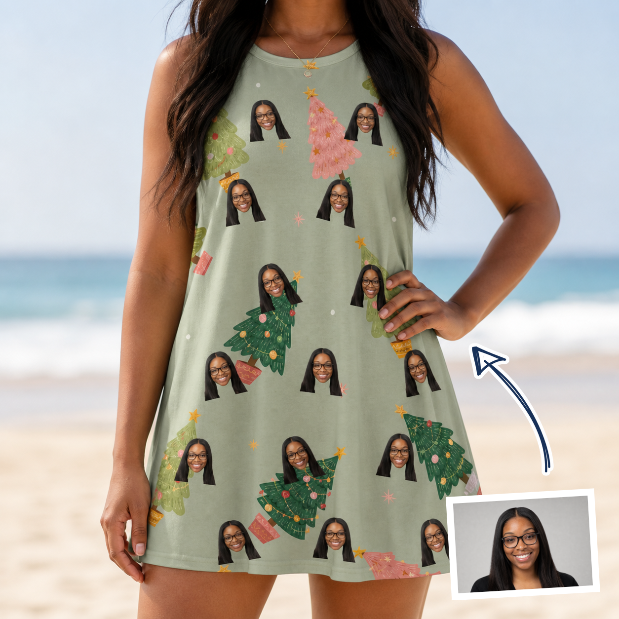 Woman wearing Women's Trimmed Tannenbaums Custom Face Tank Dress — custom faces printed all-over