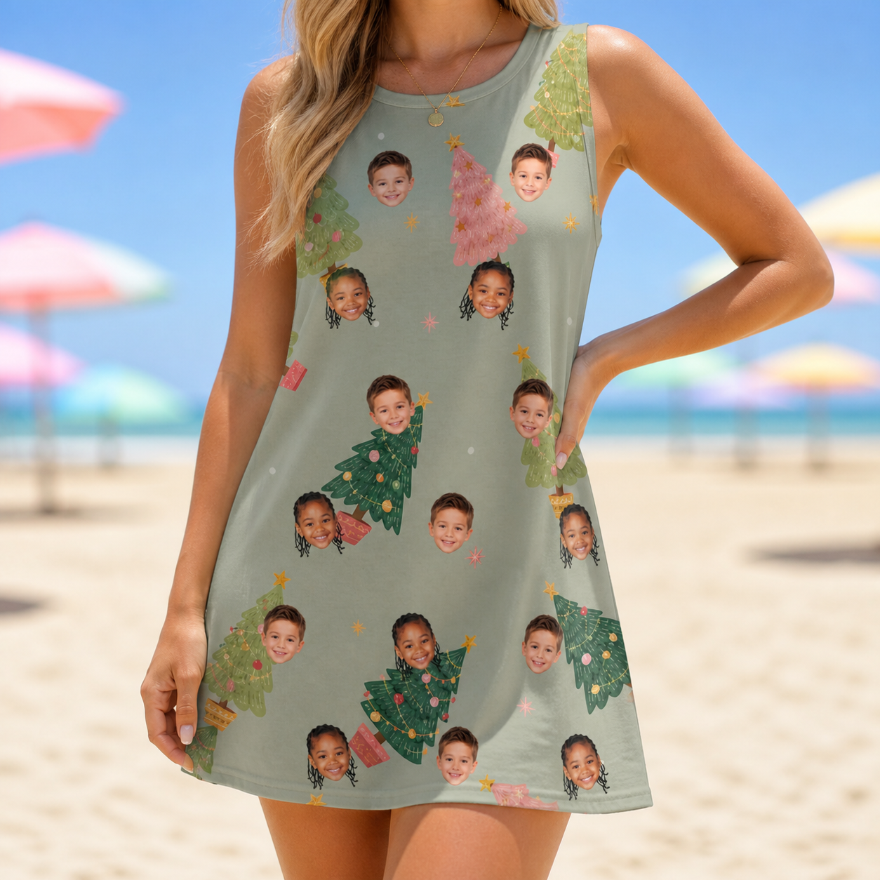 Model wearing Women's Trimmed Tannenbaums Custom Face Tank Dress printed with kids' faces