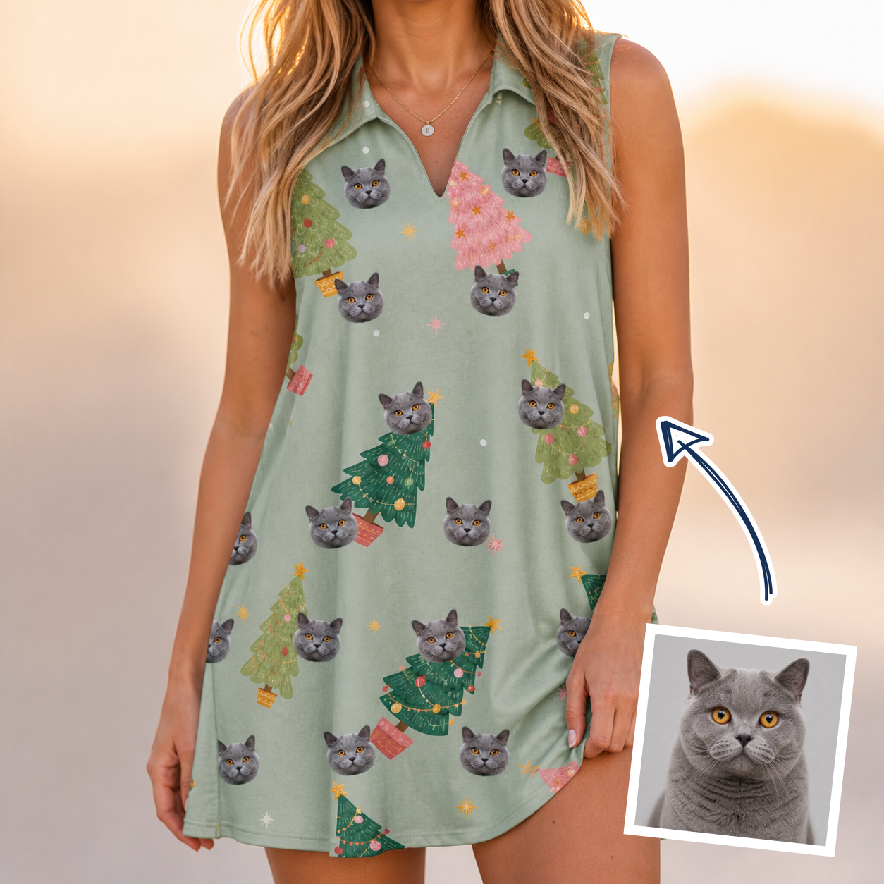 Woman wearing Women's Trimmed Tannenbaums Custom Cat Face V-Neck Dress — custom faces printed all-over