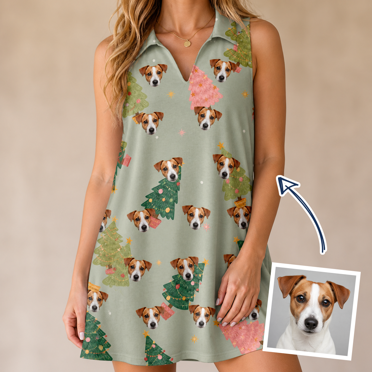 Woman wearing Women's Trimmed Tannenbaums Custom Dog Face V-Neck Dress — custom faces printed all-over