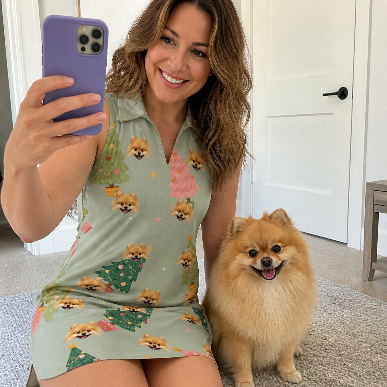 Selfie with the pet whose face is printed all over this Women's Trimmed Tannenbaums Custom Dog Face V-Neck Dress