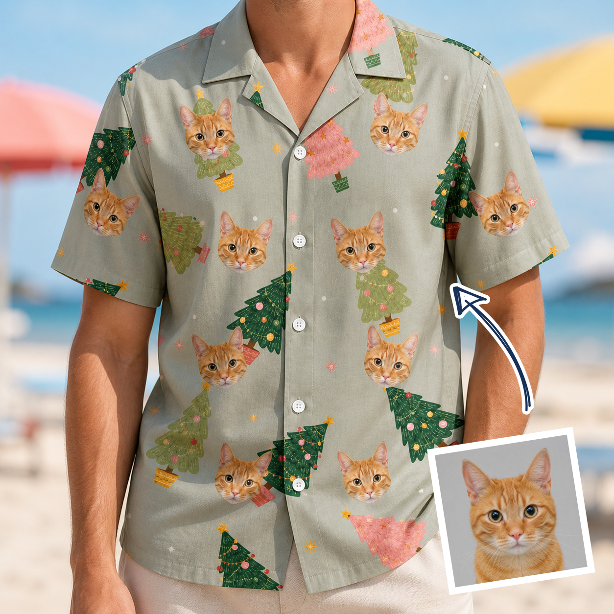 Man wearing Men's Trimmed Tannenbaums Custom Cat Face Hawaiian Shirt — custom faces printed all-over