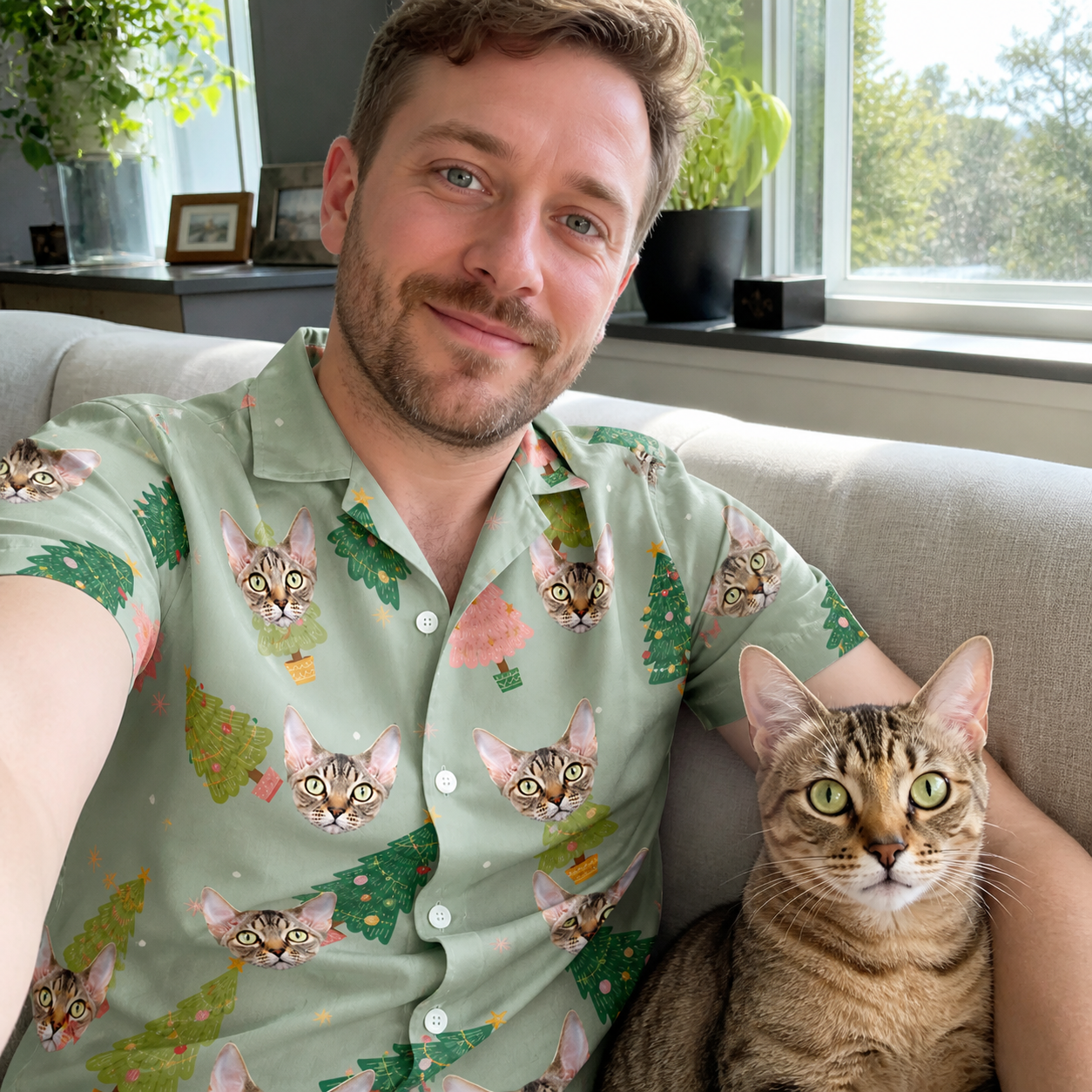 Selfie with the pet whose face is printed all over this Men's Trimmed Tannenbaums Custom Cat Face Hawaiian Shirt