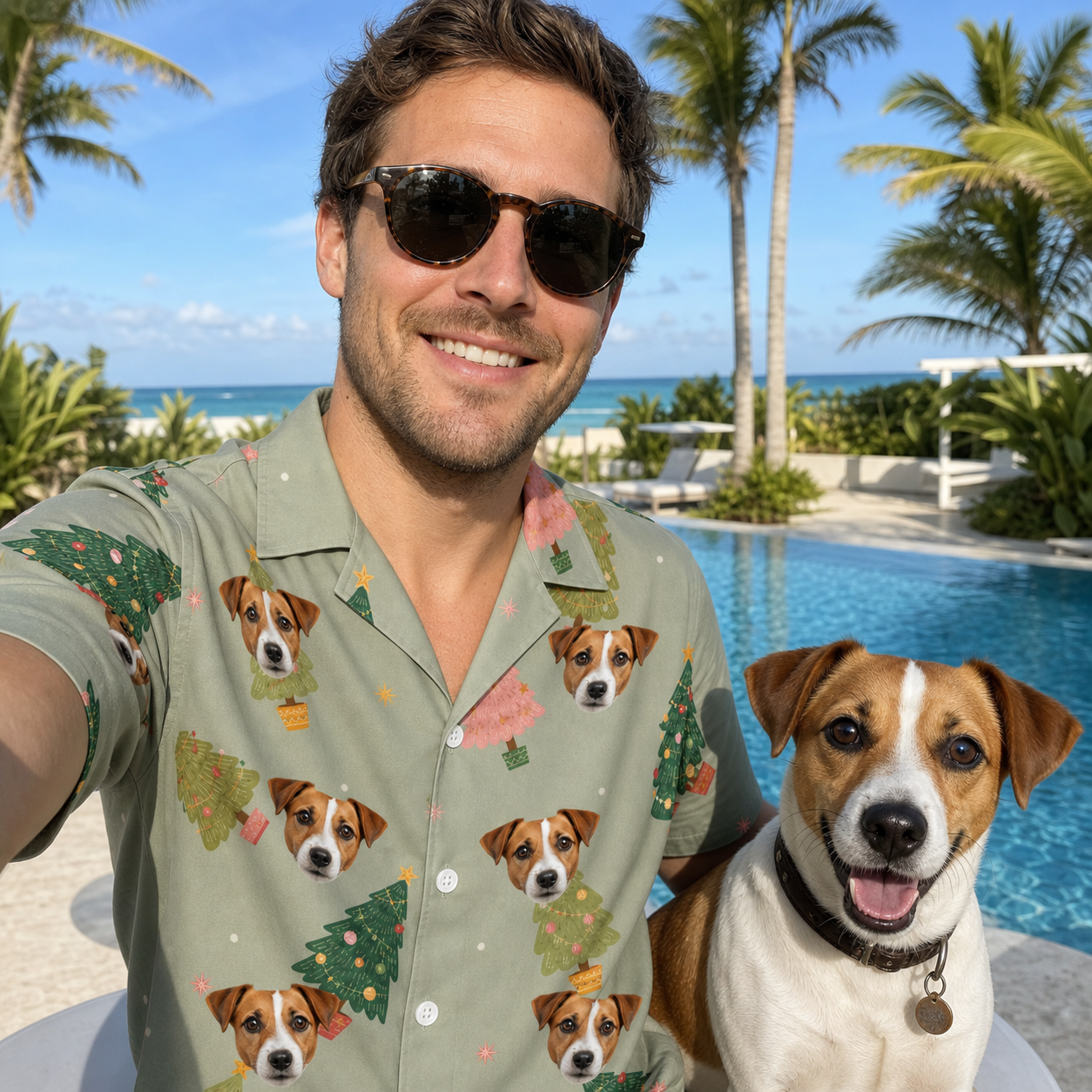 Selfie with the pet whose face is printed all over this Men's Trimmed Tannenbaums Custom Dog Face Hawaiian Shirt