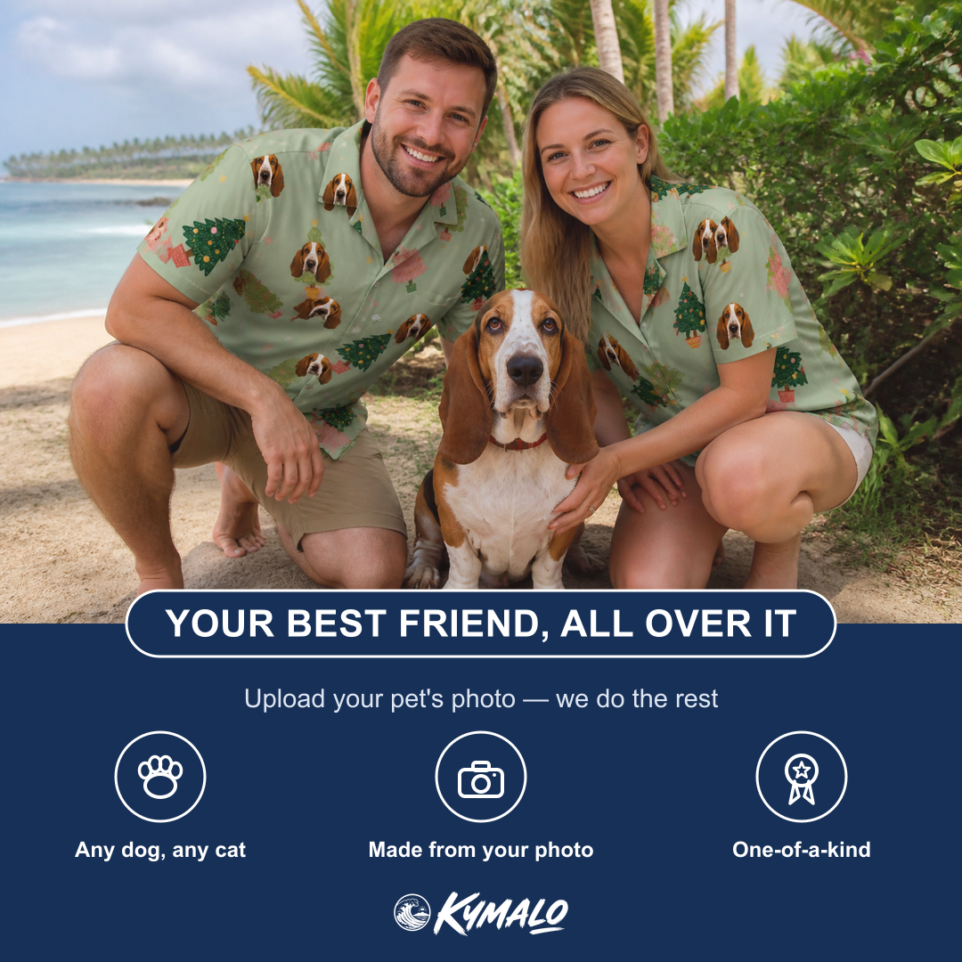 Friends in matching Men's Trimmed Tannenbaums Custom Dog Face Hawaiian Shirt — a group gift photo