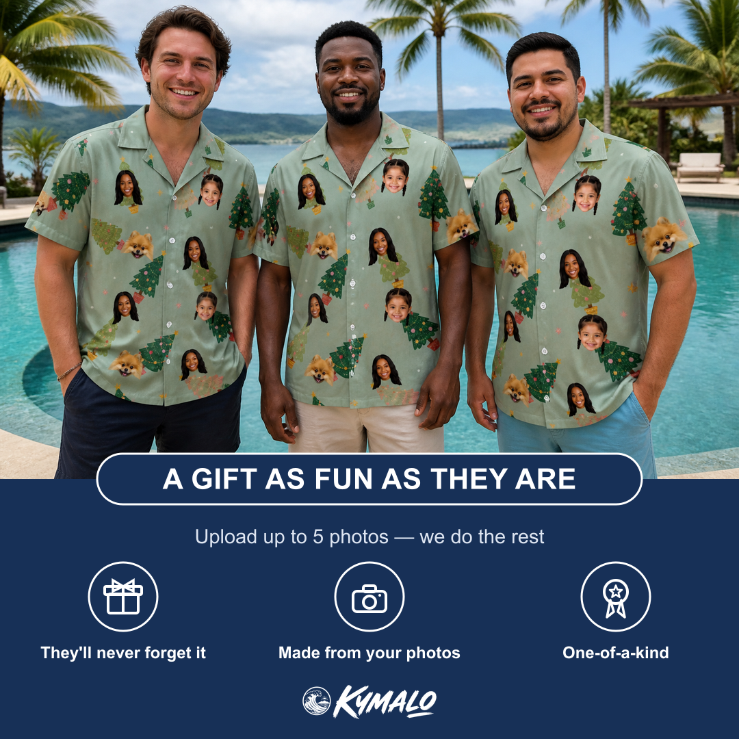 Friends in matching Men's Trimmed Tannenbaums Custom Face Hawaiian Shirt — a group gift photo