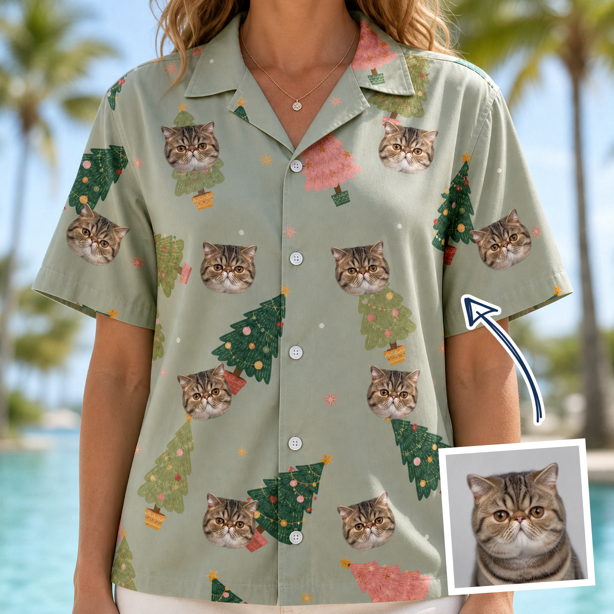 Woman wearing Women's Trimmed Tannenbaums Custom Cat Face Hawaiian Shirt — custom faces printed all-over