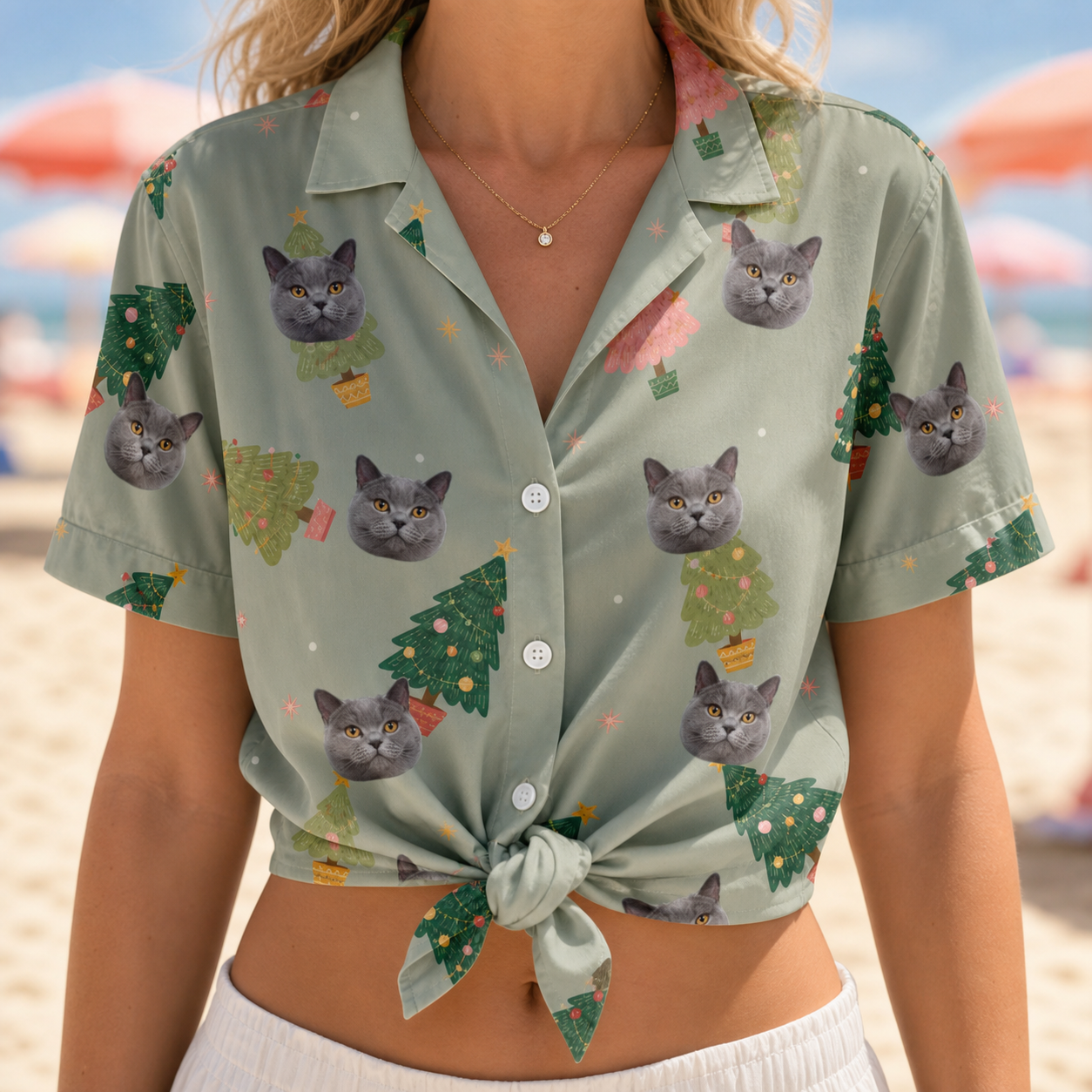 Woman wearing Women's Trimmed Tannenbaums Custom Cat Face Hawaiian Shirt tied at the waist