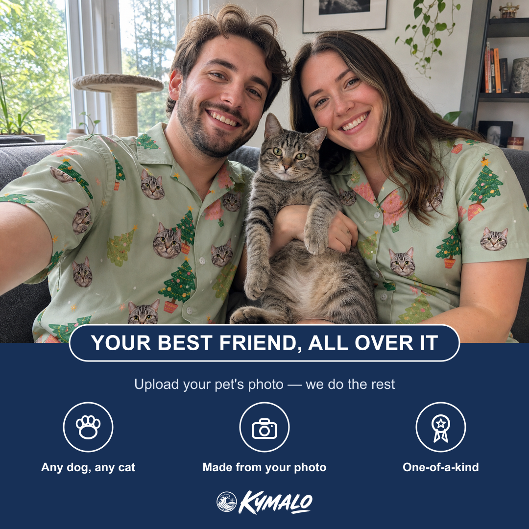 Friends in matching Women's Trimmed Tannenbaums Custom Cat Face Hawaiian Shirt — a group gift photo
