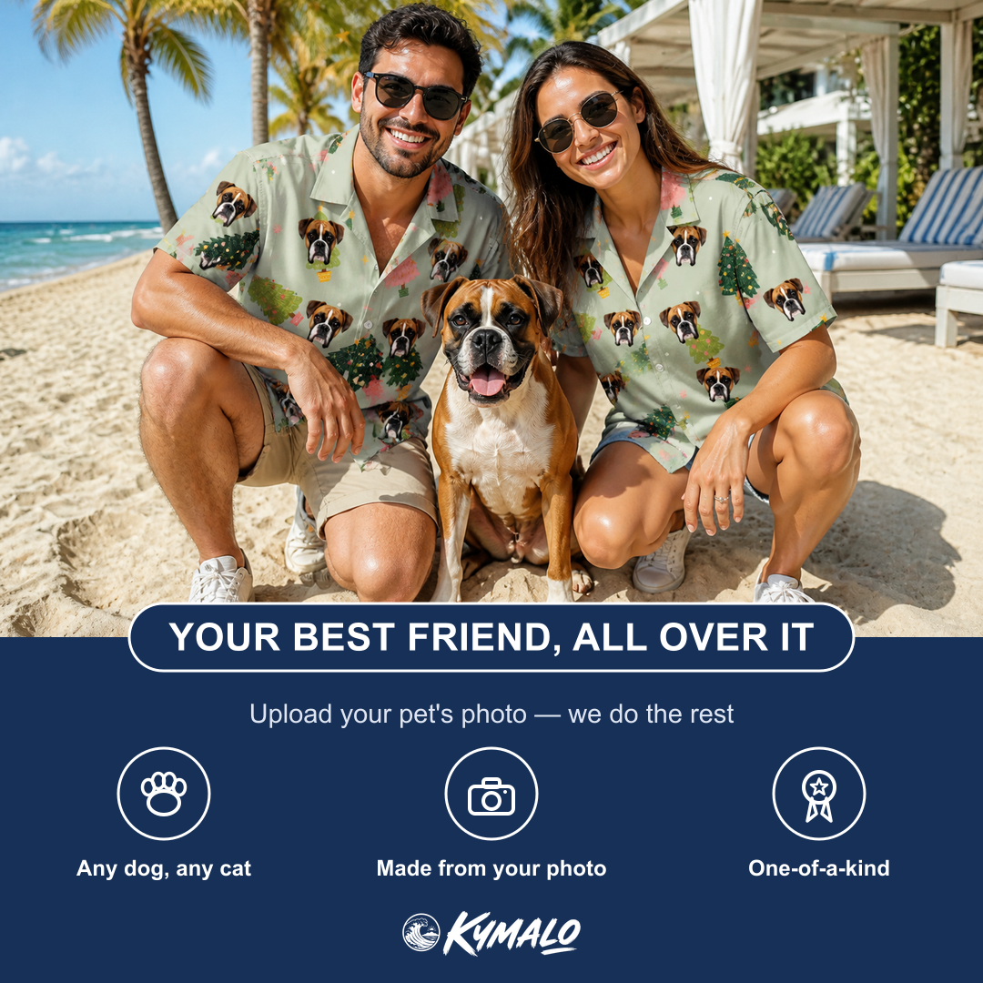 Friends in matching Women's Trimmed Tannenbaums Custom Dog Face Hawaiian Shirt — a group gift photo