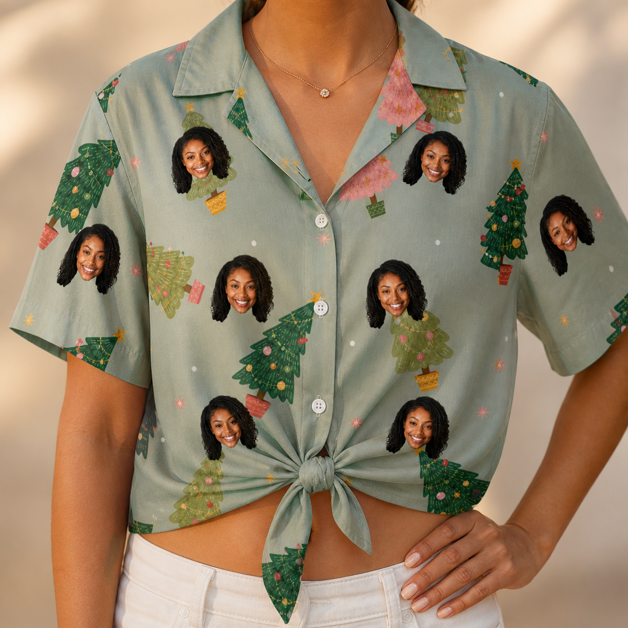Woman wearing Women's Trimmed Tannenbaums Custom Face Hawaiian Shirt tied at the waist