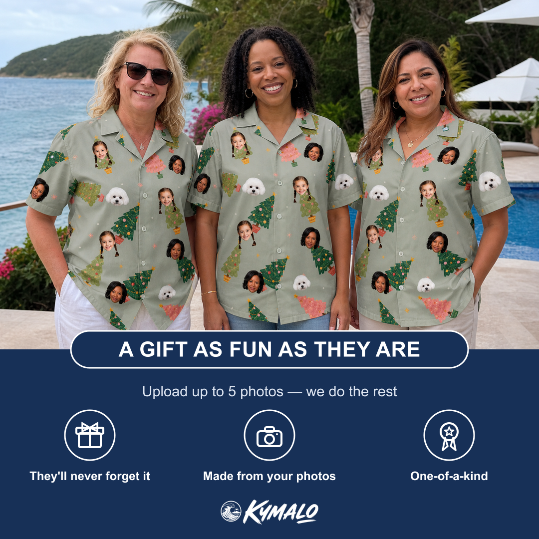 Friends in matching Women's Trimmed Tannenbaums Custom Face Hawaiian Shirt — a group gift photo