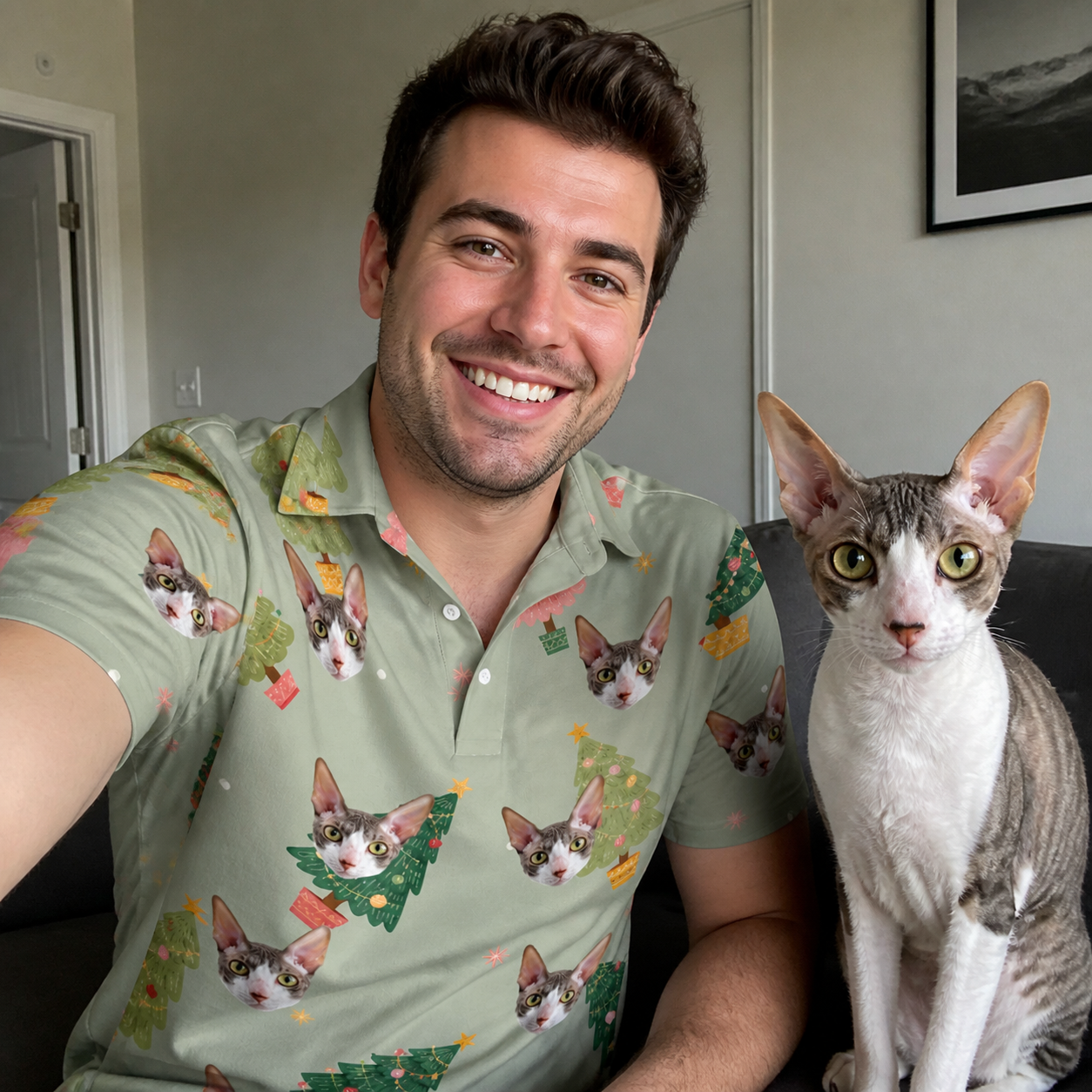 Selfie with the pet whose face is printed all over this Men's Trimmed Tannenbaums Custom Cat Face Polo Shirt