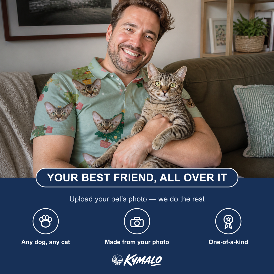 Friends in matching Men's Trimmed Tannenbaums Custom Cat Face Polo Shirt — a group gift photo