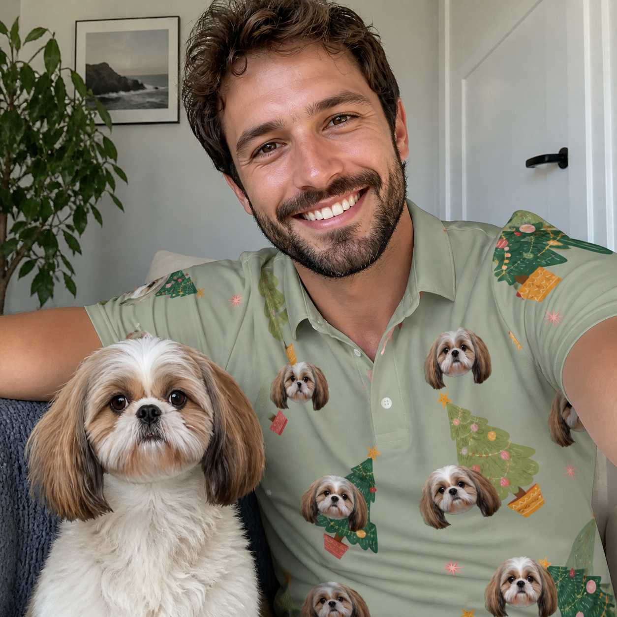 Selfie with the pet whose face is printed all over this Men's Trimmed Tannenbaums Custom Dog Face Polo Shirt