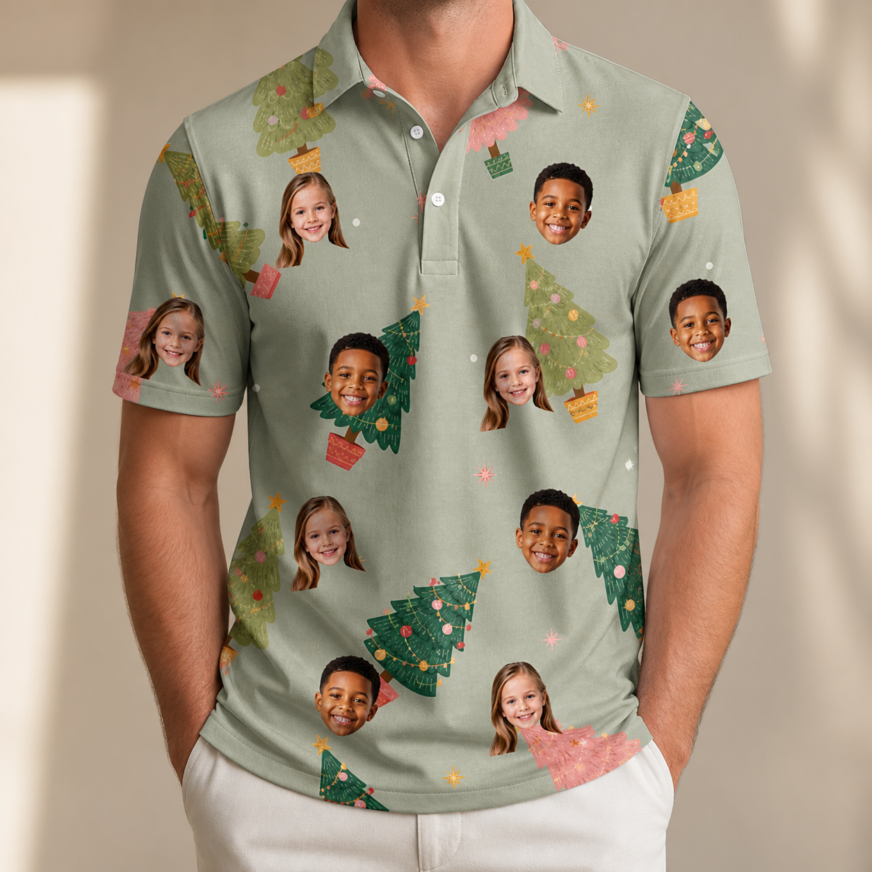 Model wearing Men's Trimmed Tannenbaums Custom Face Polo Shirt printed with kids' faces
