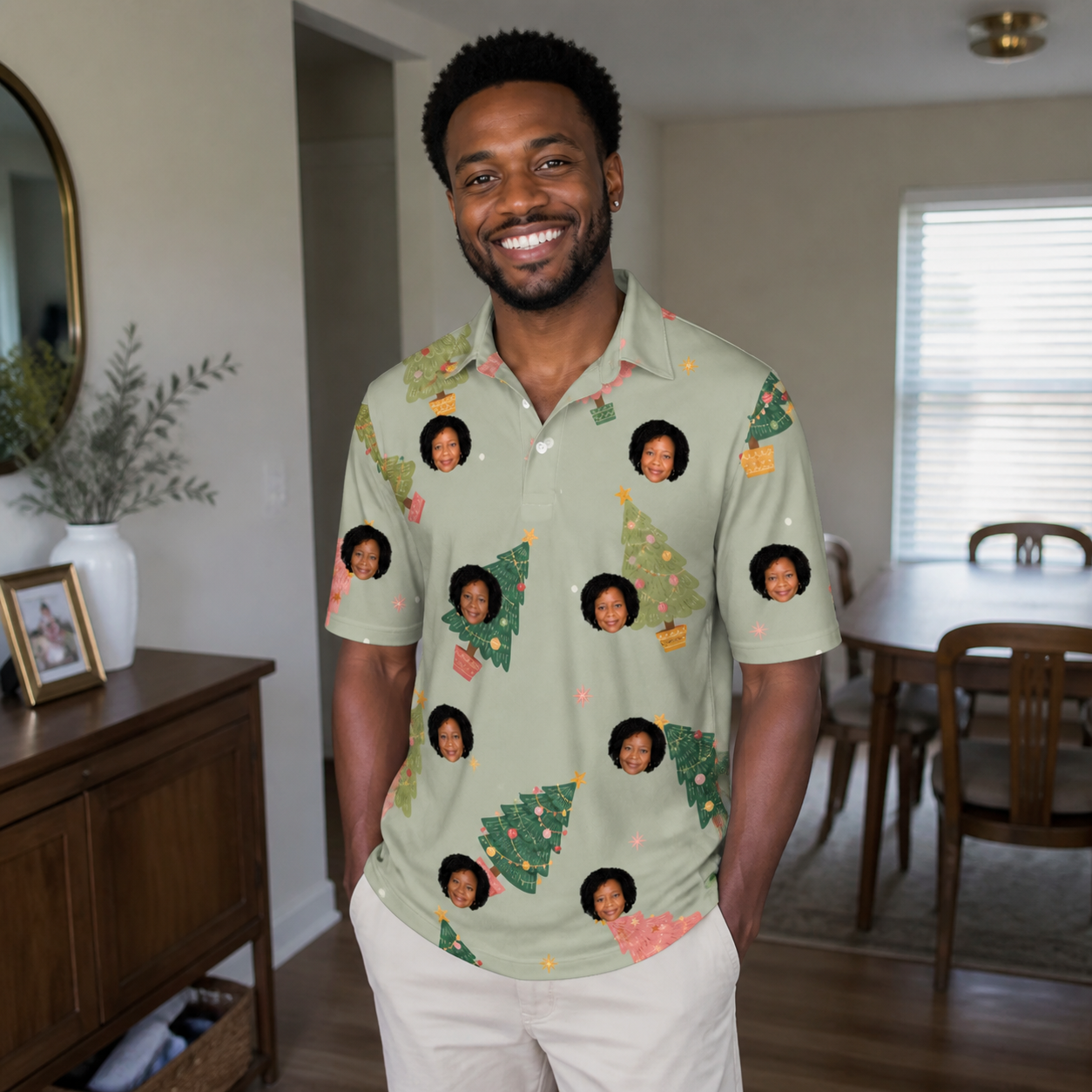 Real-life photo of someone wearing Men's Trimmed Tannenbaums Custom Face Polo Shirt — custom faces printed all-over