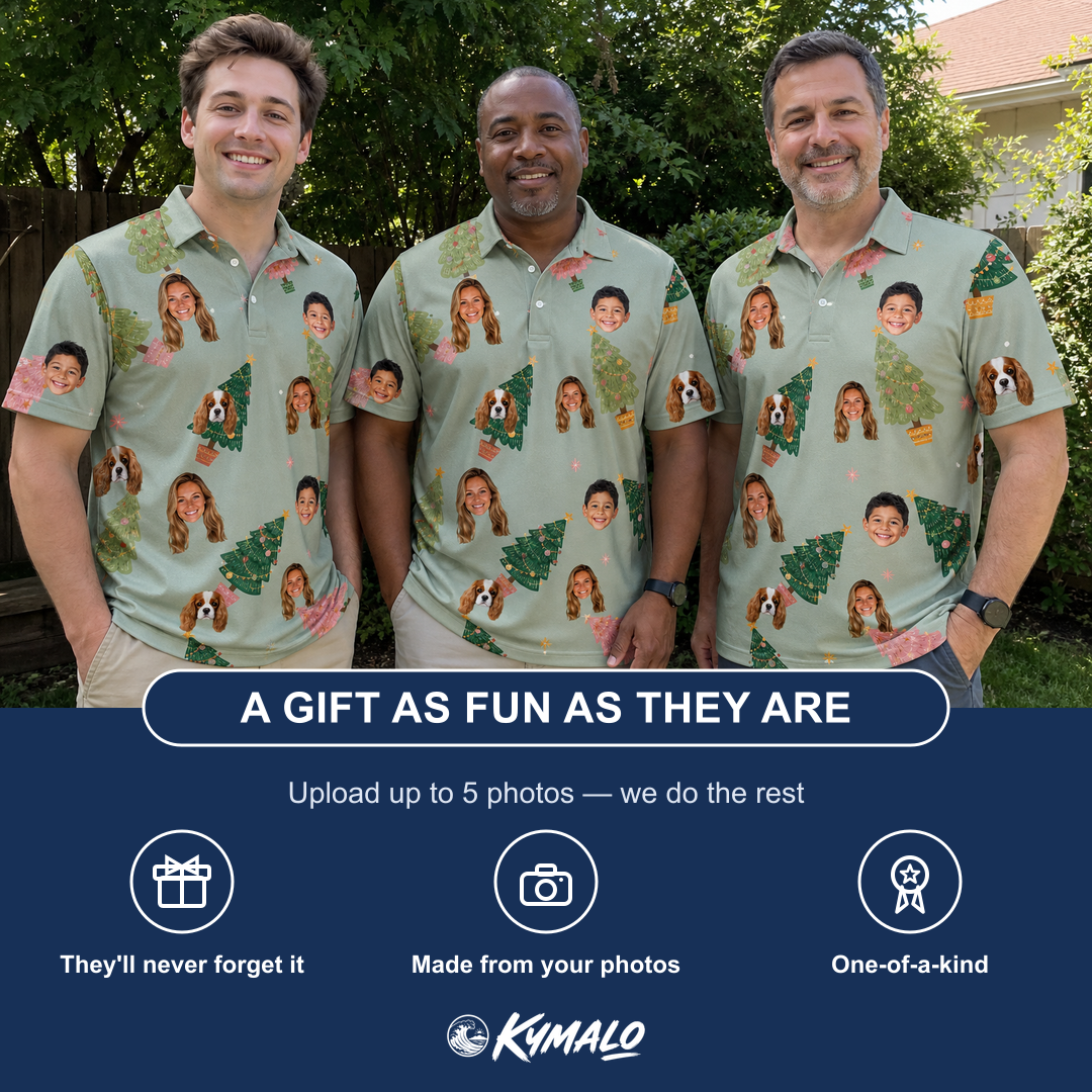 Friends in matching Men's Trimmed Tannenbaums Custom Face Polo Shirt — a group gift photo
