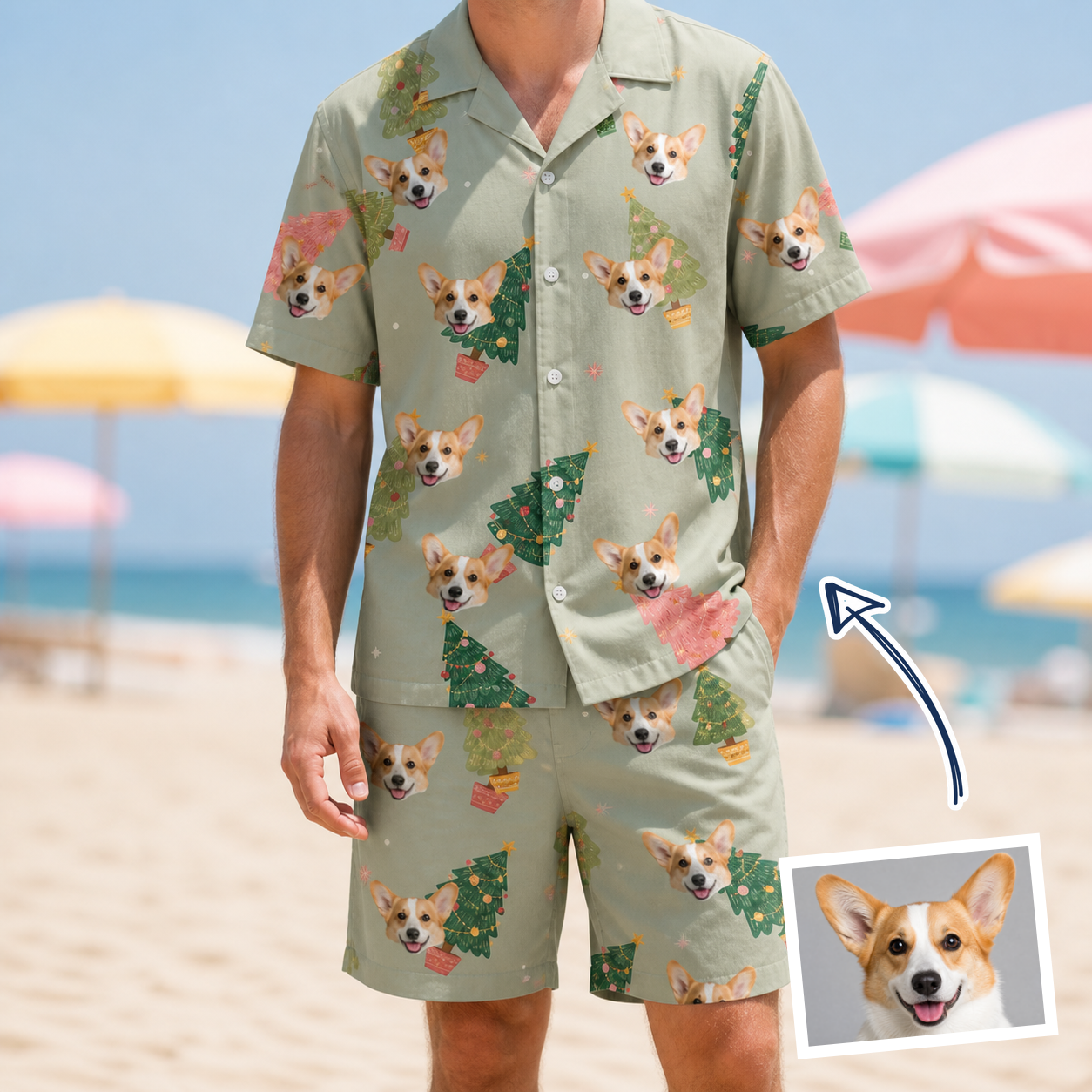 Man wearing Men's Trimmed Tannenbaums Custom Dog Face Shirt & Shorts Set — custom faces printed all-over