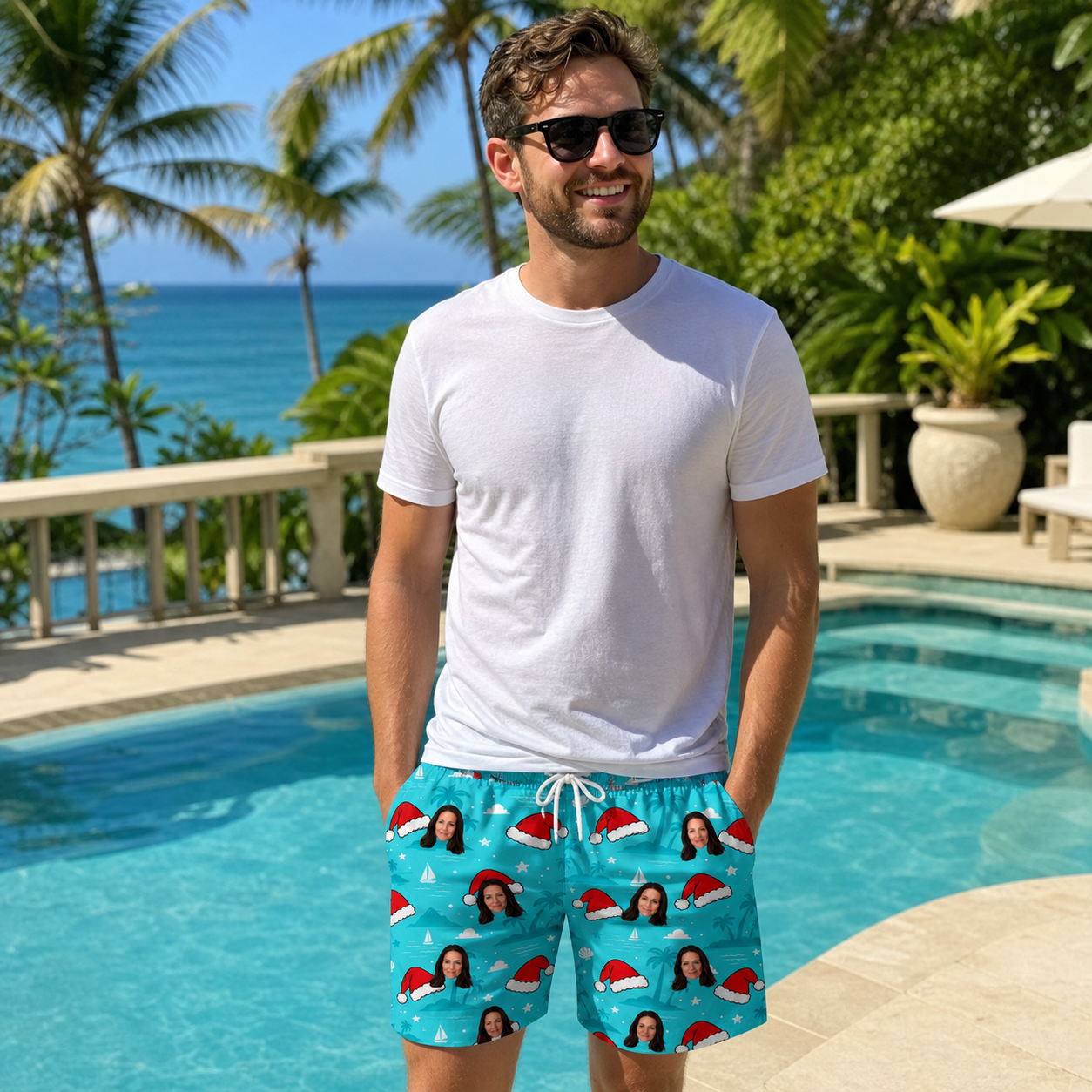 Real-life photo of someone wearing Men's Redcap Revelry Custom Face Beach Shorts — custom faces printed all-over
