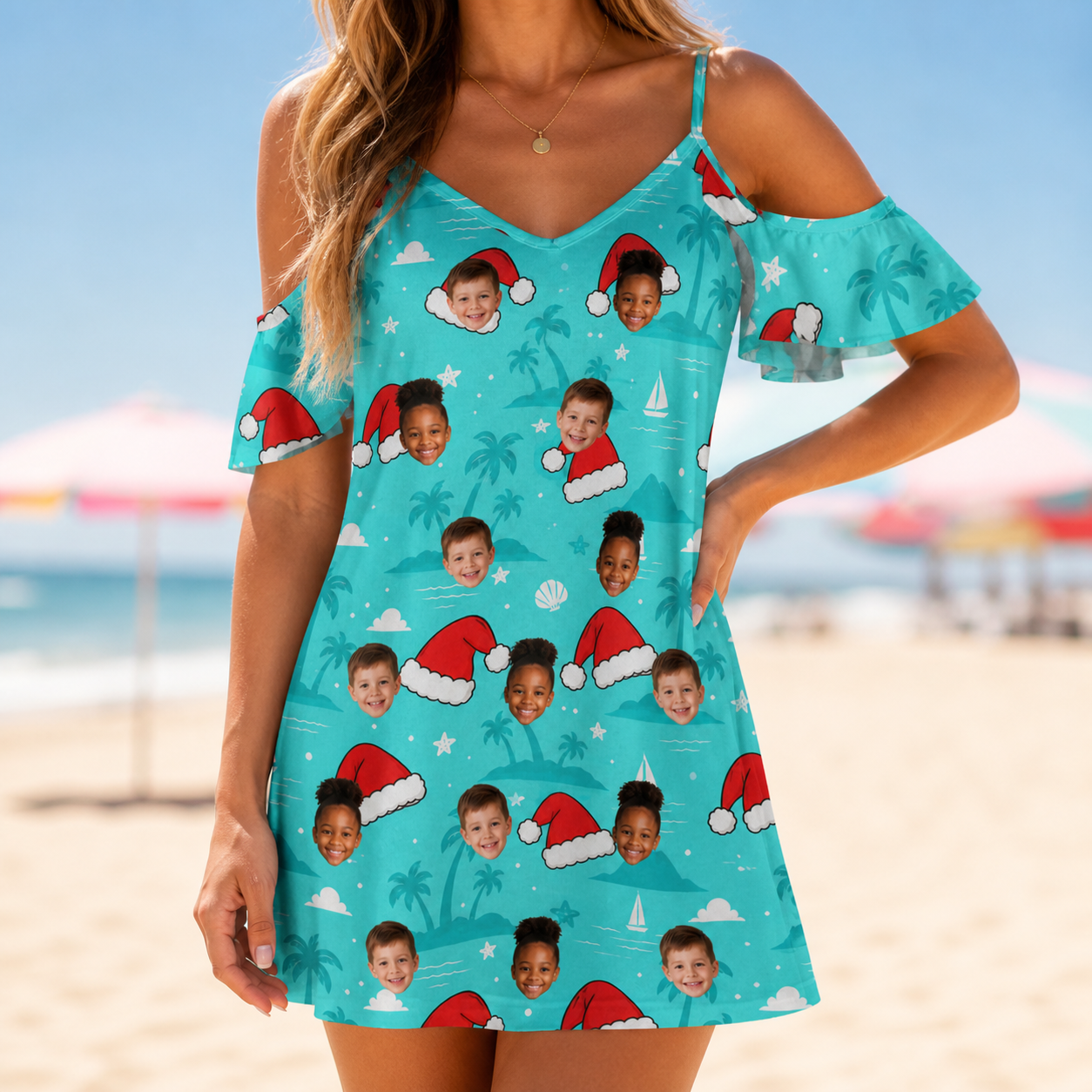 Model wearing Women's Redcap Revelry Custom Face Off-Shoulder Dress printed with kids' faces