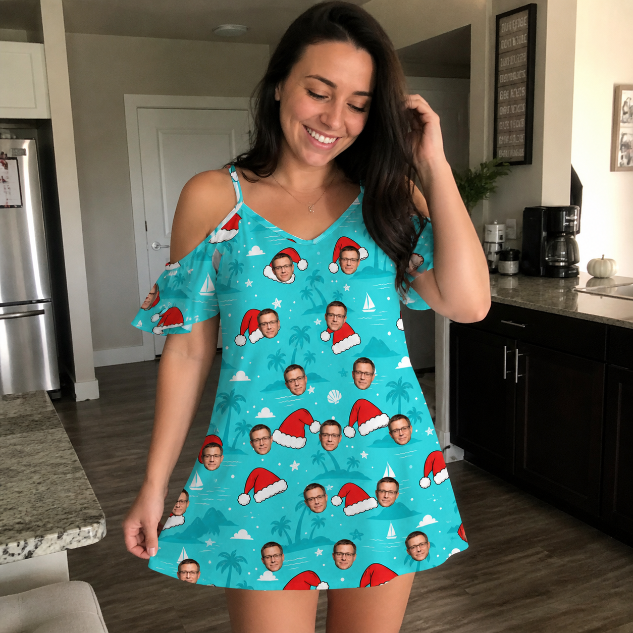 Real-life photo of someone wearing Women's Redcap Revelry Custom Face Off-Shoulder Dress — custom faces printed all-over