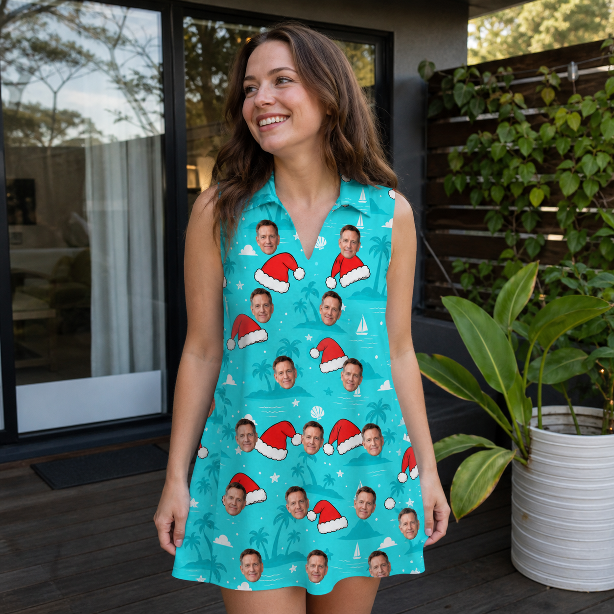 Real-life photo of someone wearing Women's Redcap Revelry Custom Face V-Neck Dress — custom faces printed all-over