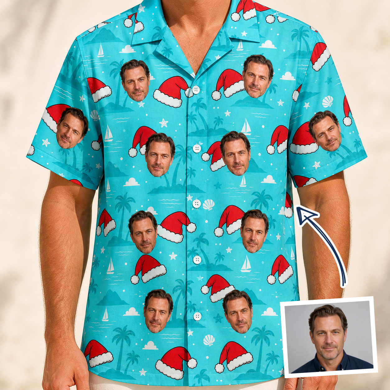 Man wearing Men's Redcap Revelry Custom Face Hawaiian Shirt — custom faces printed all-over