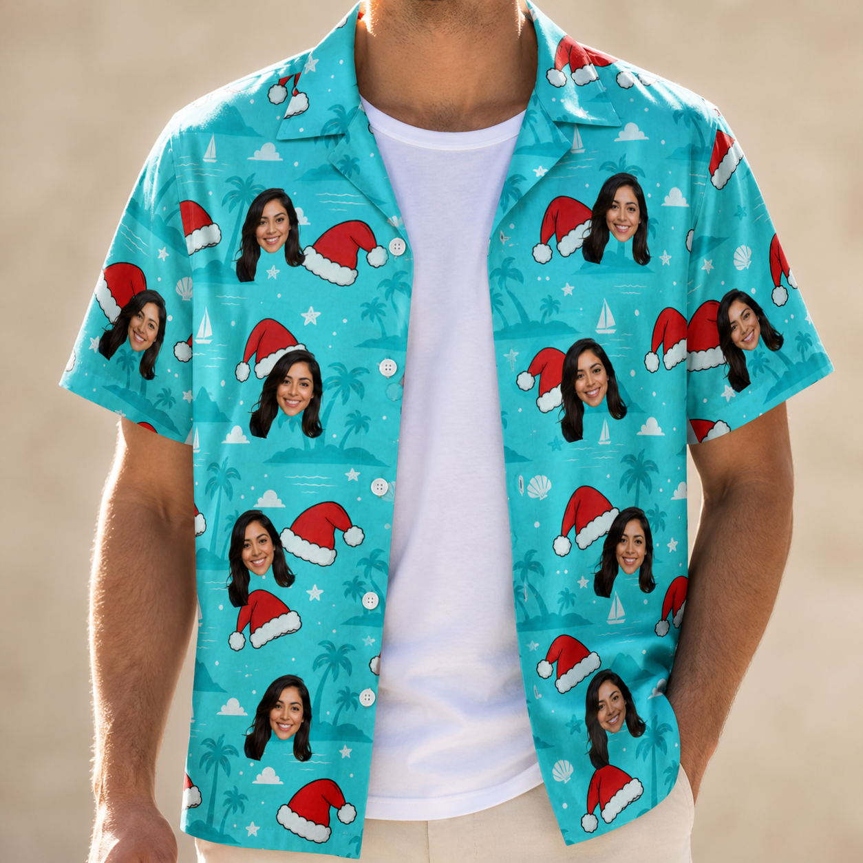 Man wearing Men's Redcap Revelry Custom Face Hawaiian Shirt open over a white tee
