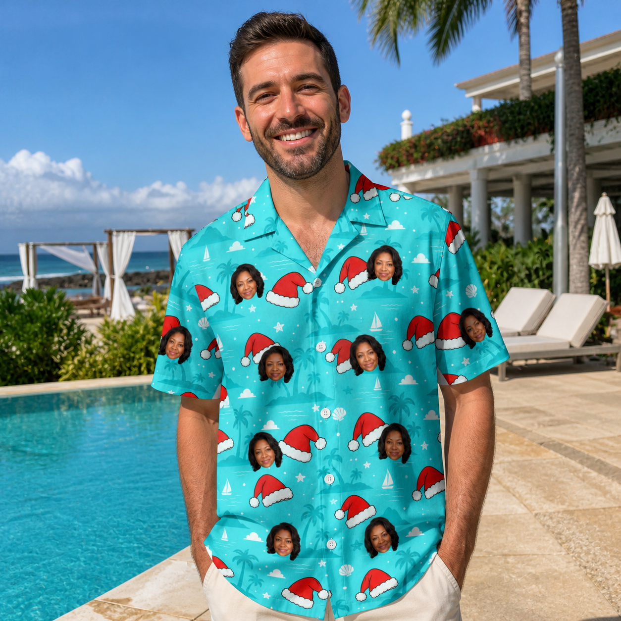 Real-life photo of someone wearing Men's Redcap Revelry Custom Face Hawaiian Shirt — custom faces printed all-over