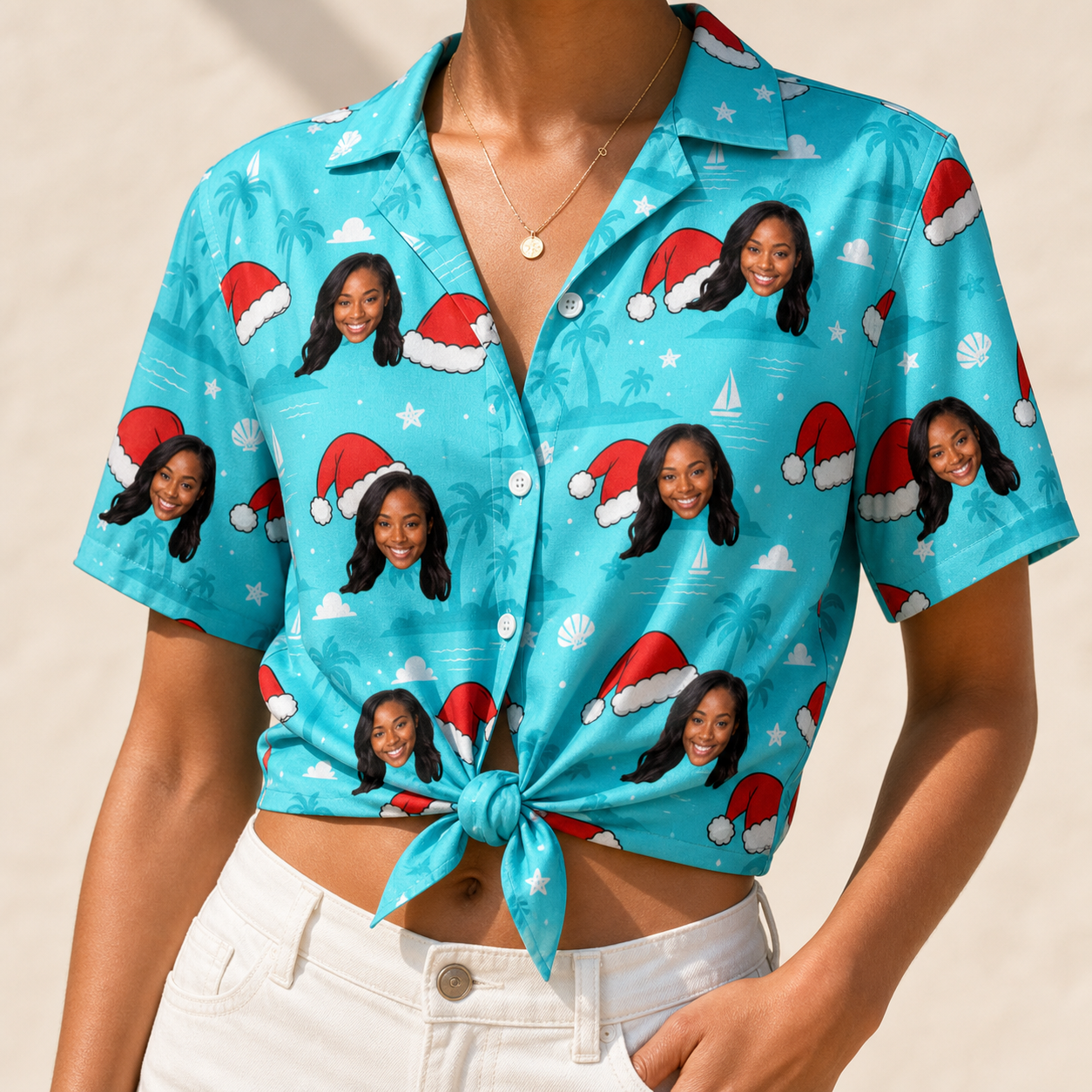 Woman wearing Women's Redcap Revelry Custom Face Hawaiian Shirt tied at the waist