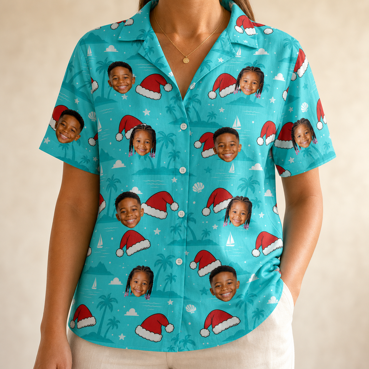 Model wearing Women's Redcap Revelry Custom Face Hawaiian Shirt printed with kids' faces