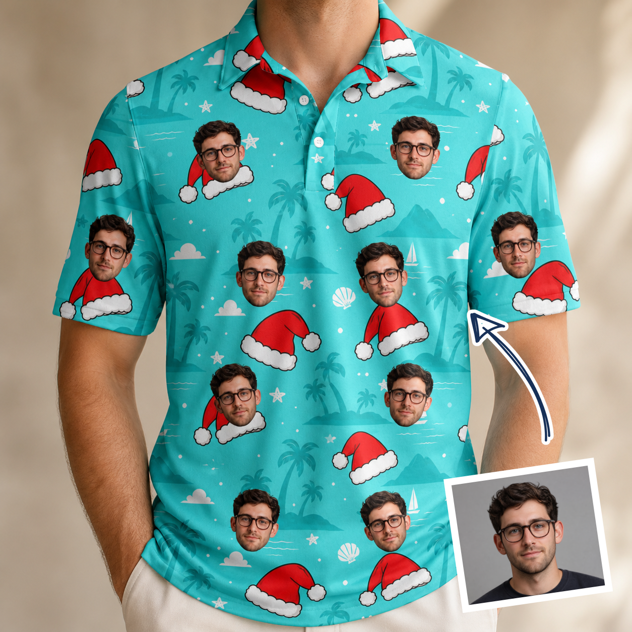 Man wearing Men's Redcap Revelry Custom Face Polo Shirt — custom faces printed all-over
