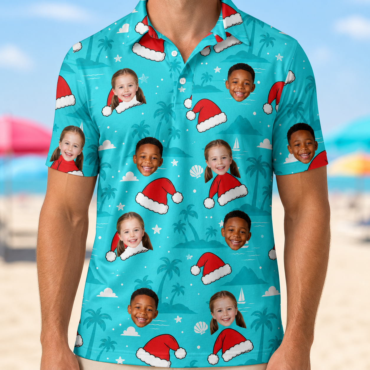 Model wearing Men's Redcap Revelry Custom Face Polo Shirt printed with kids' faces