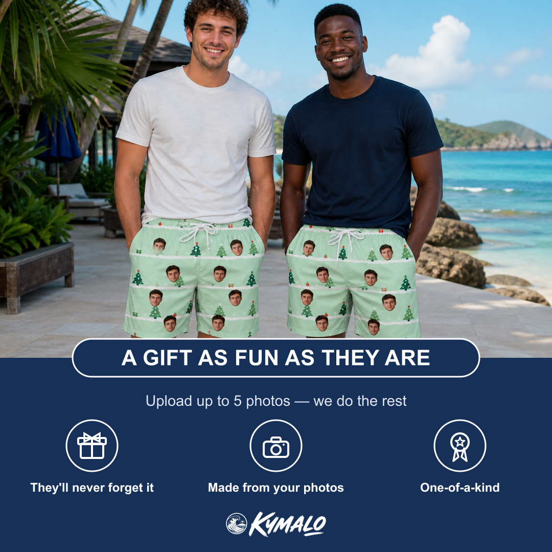 Friends in matching Men's Evergreen Extravaganza Custom Face Beach Shorts — a group gift photo
