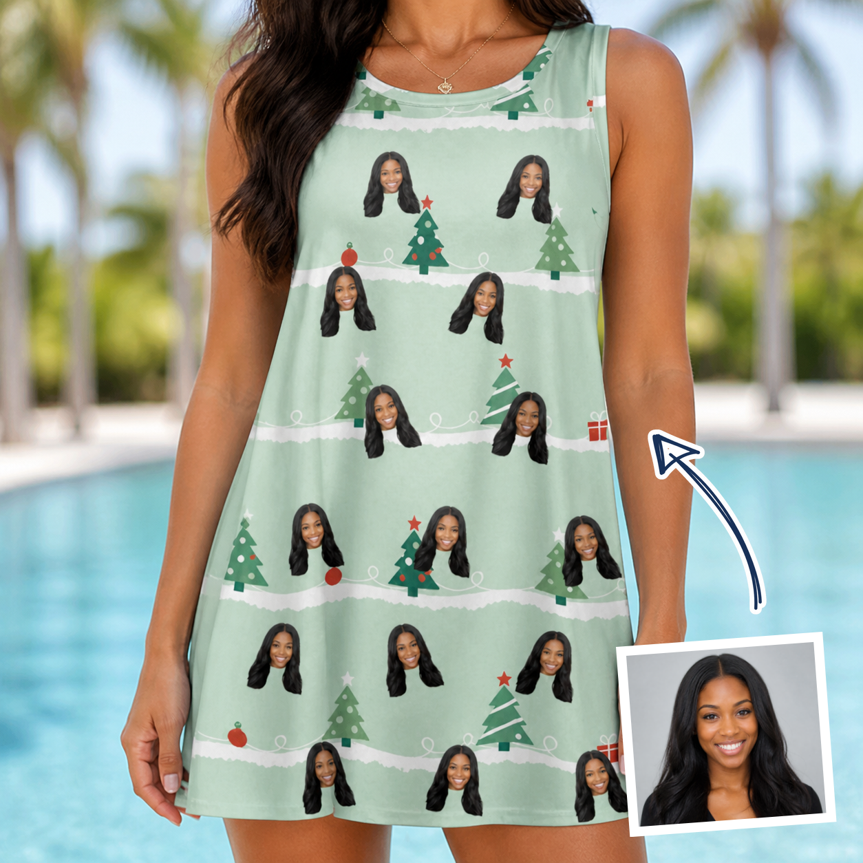 Woman wearing Women's Evergreen Extravaganza Custom Face Tank Dress — custom faces printed all-over
