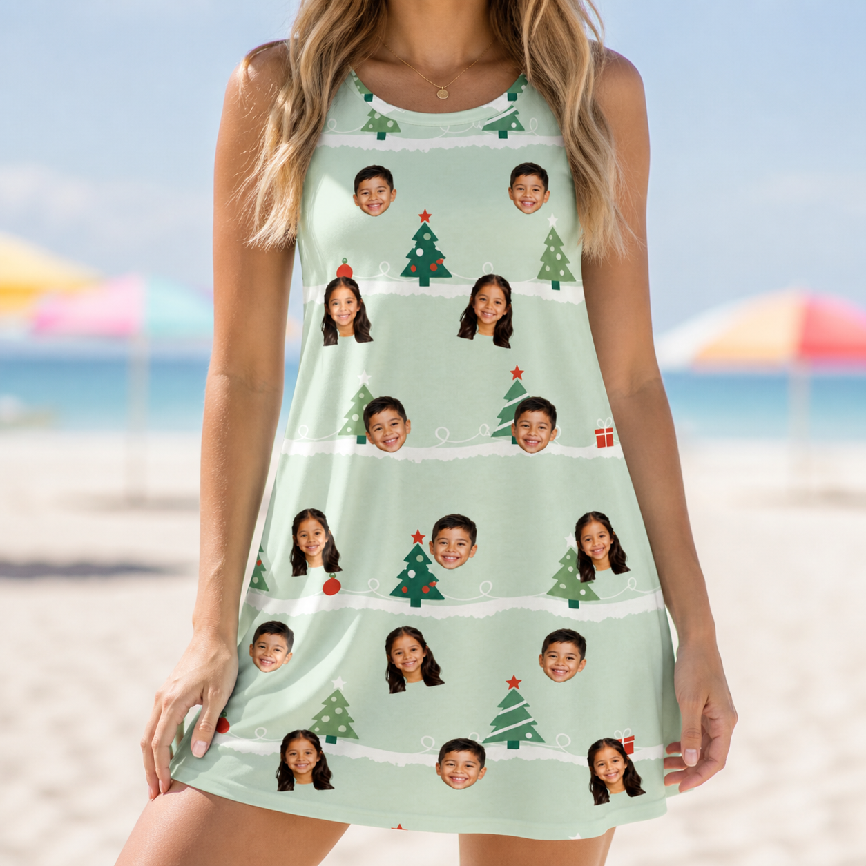 Model wearing Women's Evergreen Extravaganza Custom Face Tank Dress printed with kids' faces