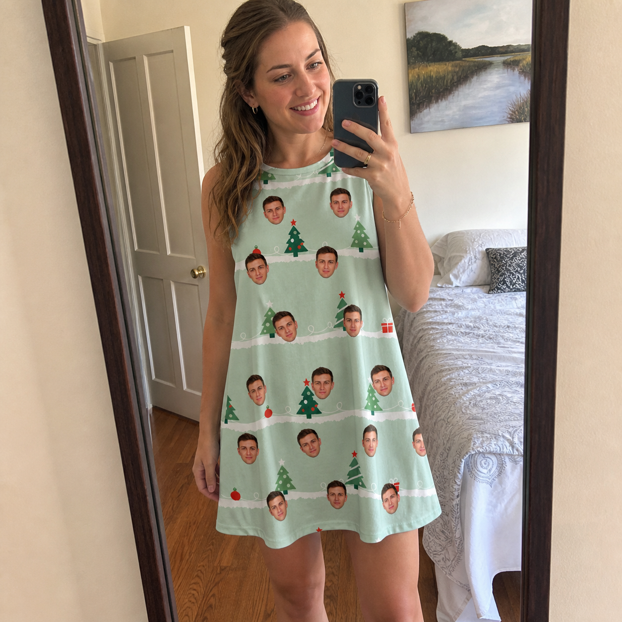 Real-life photo of someone wearing Women's Evergreen Extravaganza Custom Face Tank Dress — custom faces printed all-over