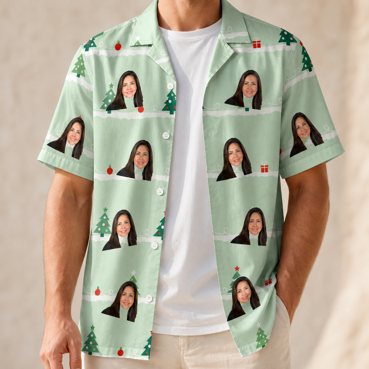 Man wearing Men's Evergreen Extravaganza Custom Face Hawaiian Shirt open over a white tee