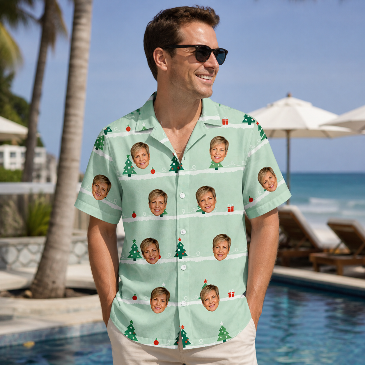 Real-life photo of someone wearing Men's Evergreen Extravaganza Custom Face Hawaiian Shirt — custom faces printed all-over
