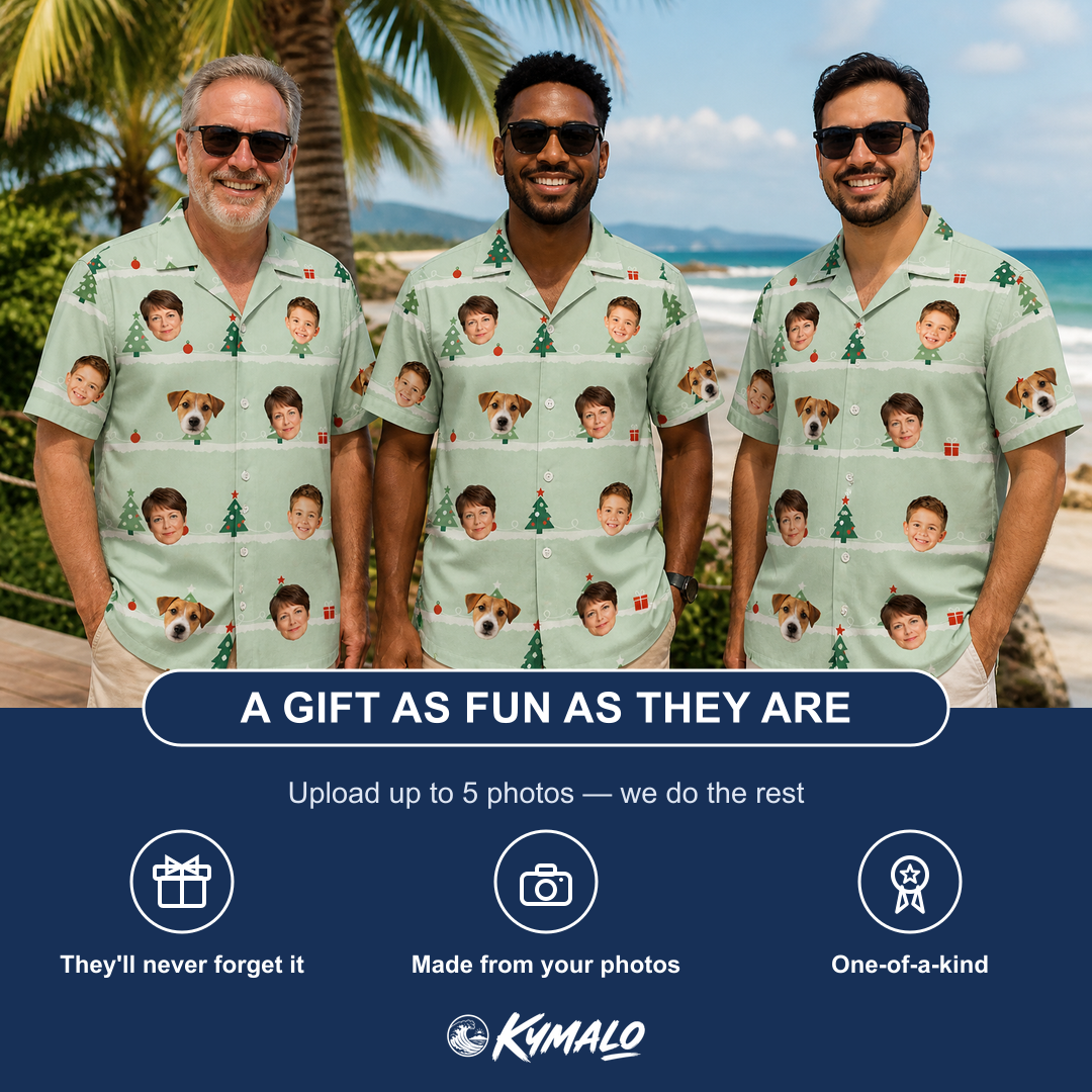 Friends in matching Men's Evergreen Extravaganza Custom Face Hawaiian Shirt — a group gift photo