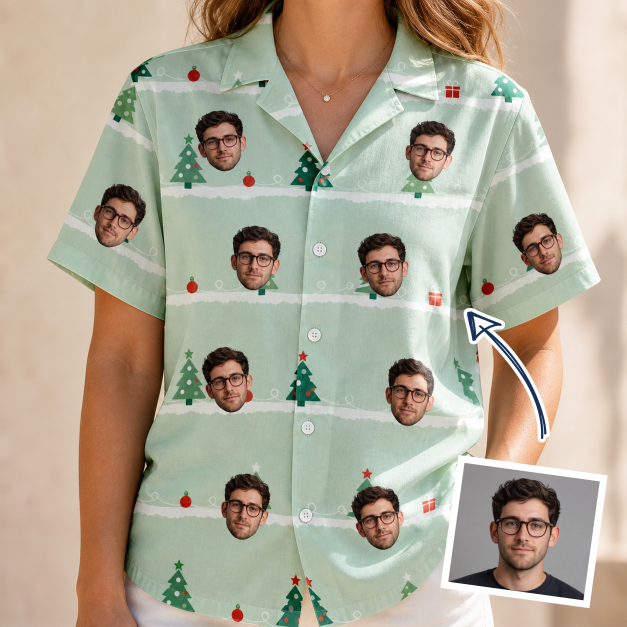 Woman wearing Women's Evergreen Extravaganza Custom Face Hawaiian Shirt — custom faces printed all-over