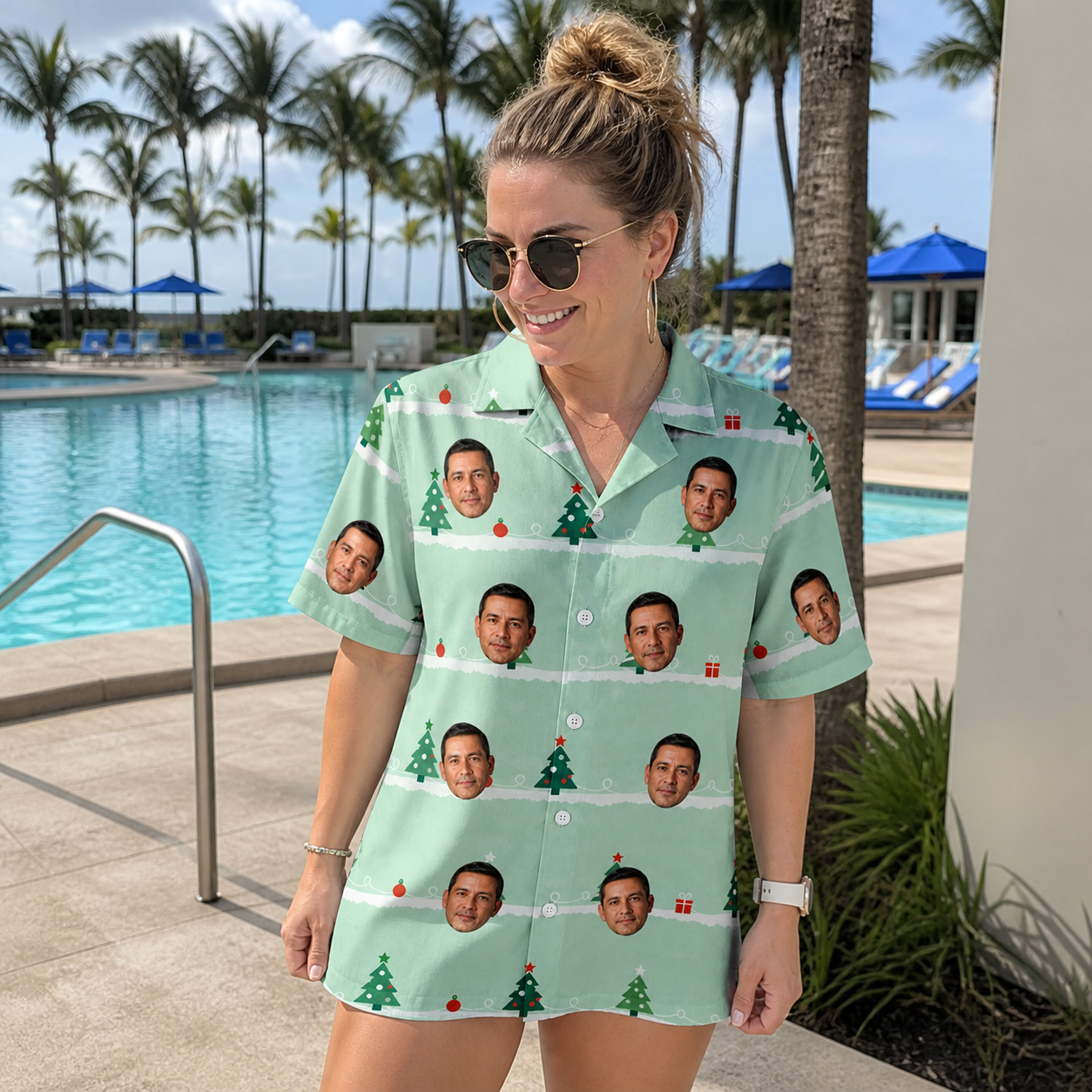 Real-life photo of someone wearing Women's Evergreen Extravaganza Custom Face Hawaiian Shirt — custom faces printed all-over